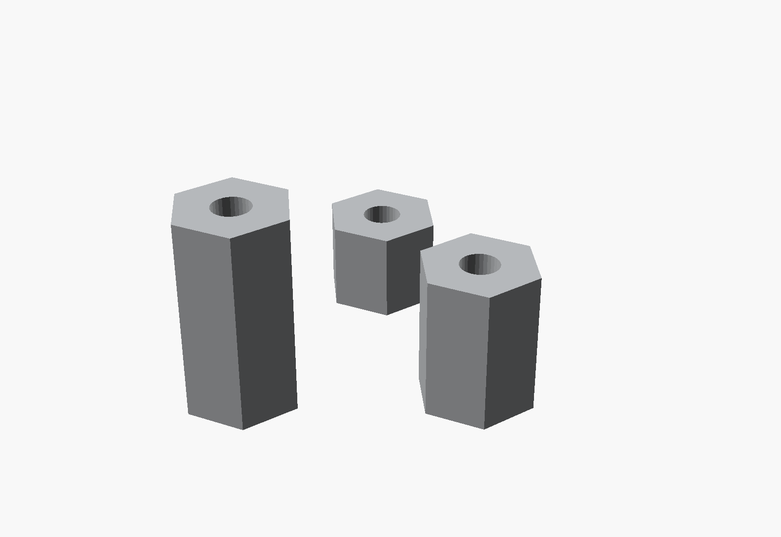 CAD render of a set of three 3D printed hex insulator standoffs