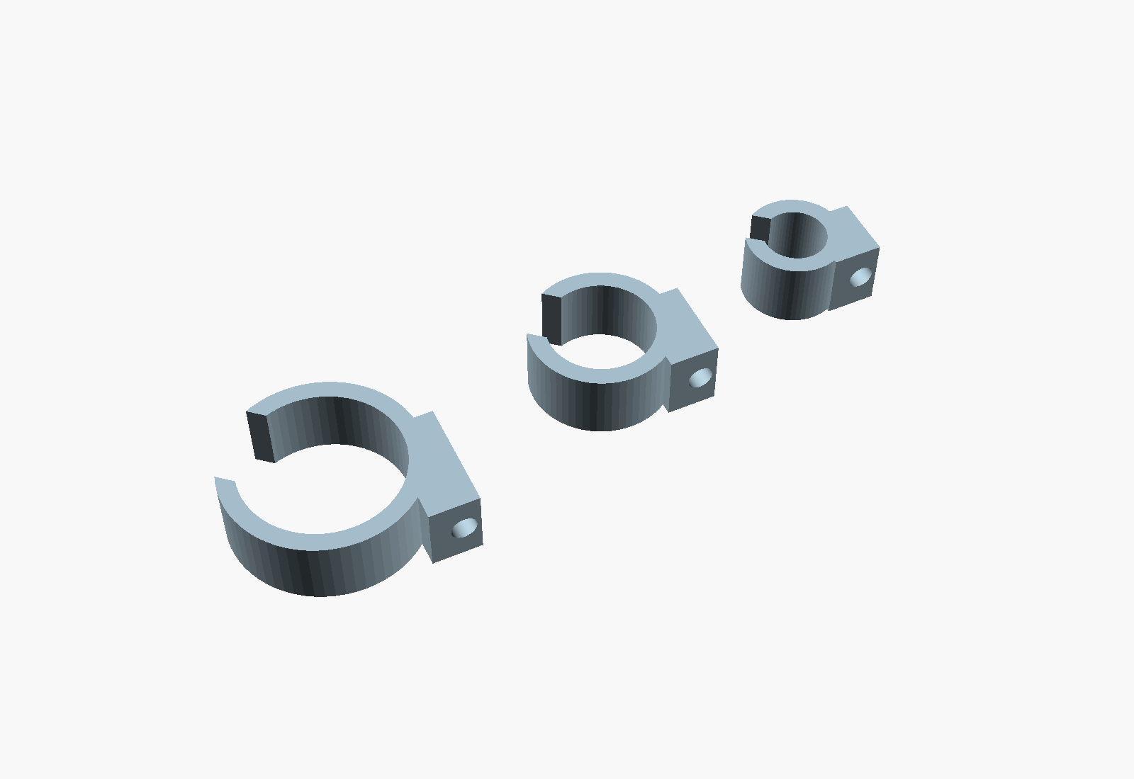 CAD render of a set of three 3D printed screw-mount cable clips