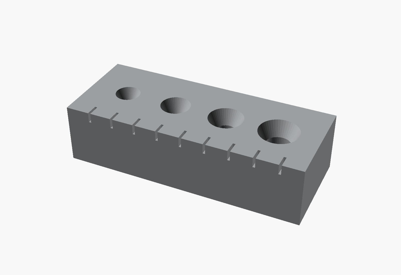 CAD render of a 3D printed drill guide jig with countersunk guide holes and ruler markings