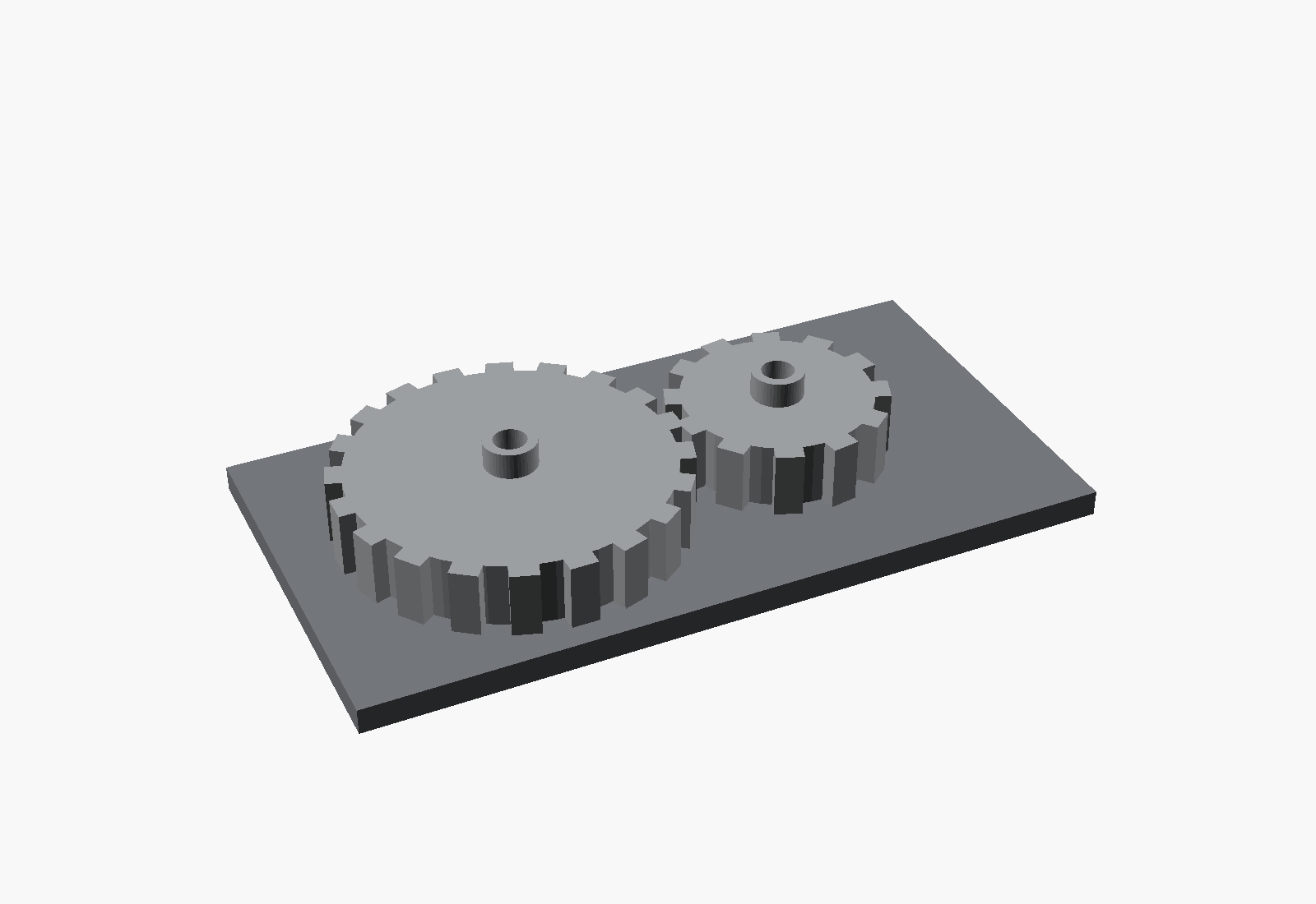 CAD render of two 3D printed meshing prototype gears on a base plate