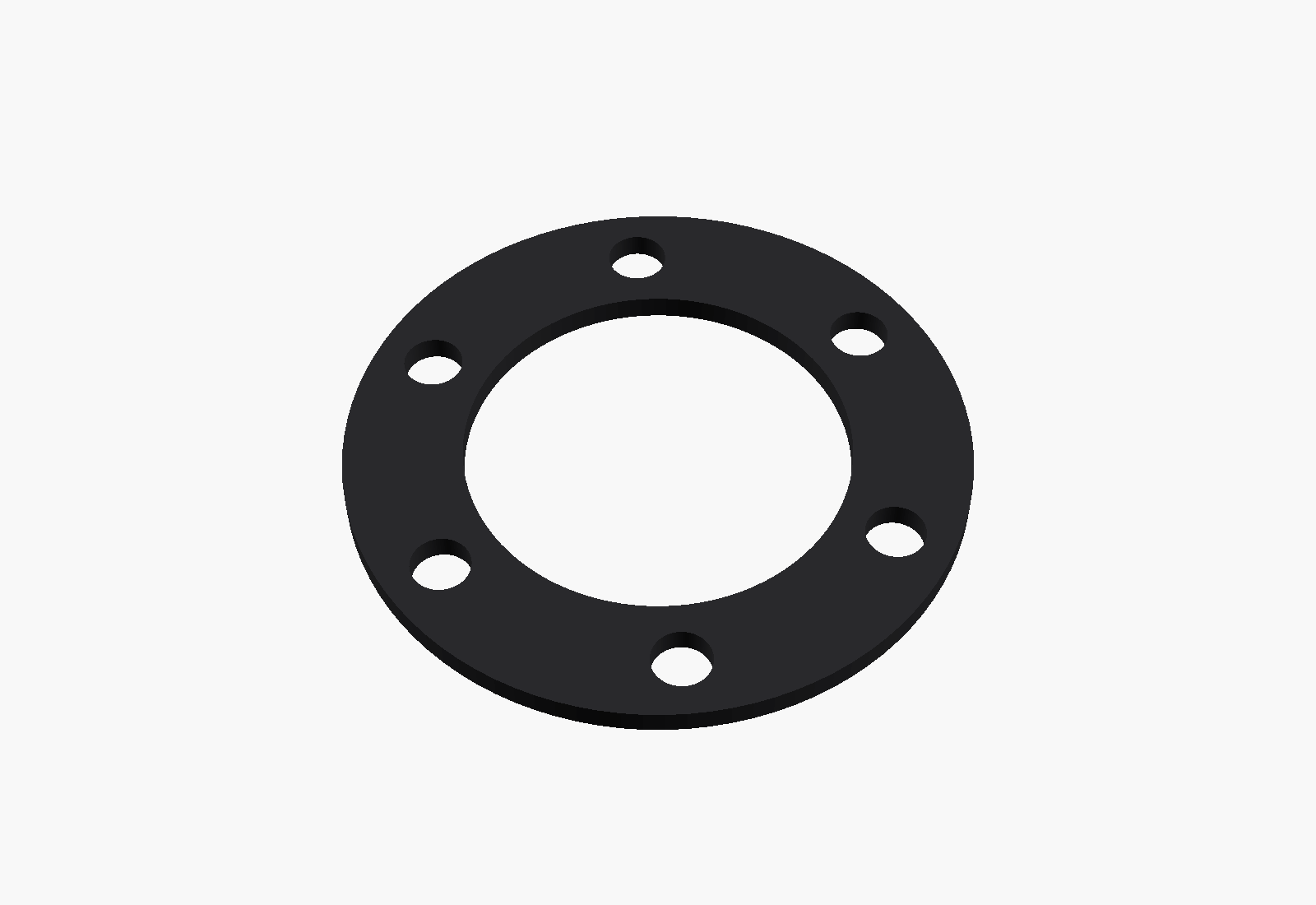 CAD render of a 3D printed flexible flange gasket with six bolt holes