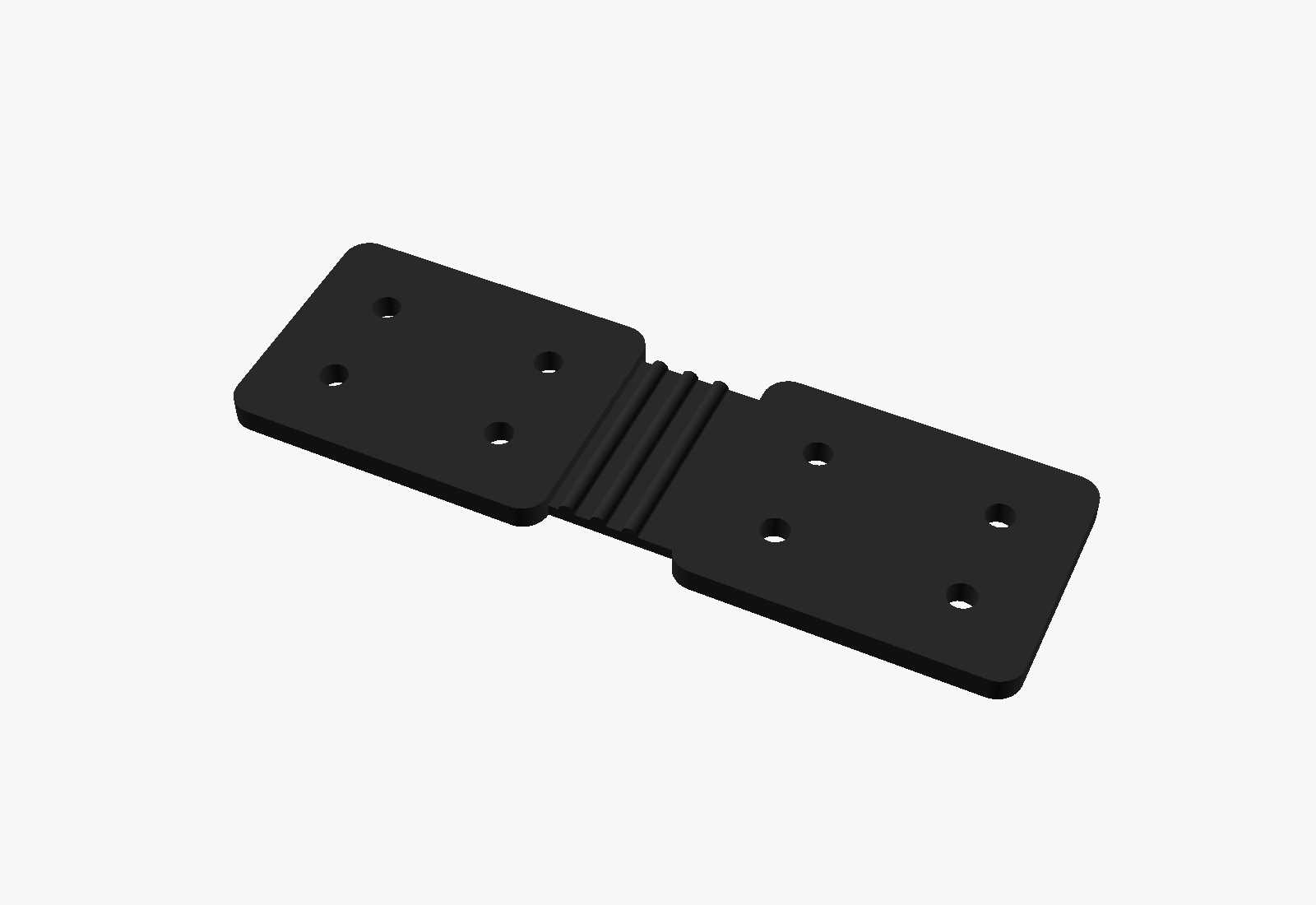 CAD render of a 3D printed flexible living-hinge strap with mounting holes